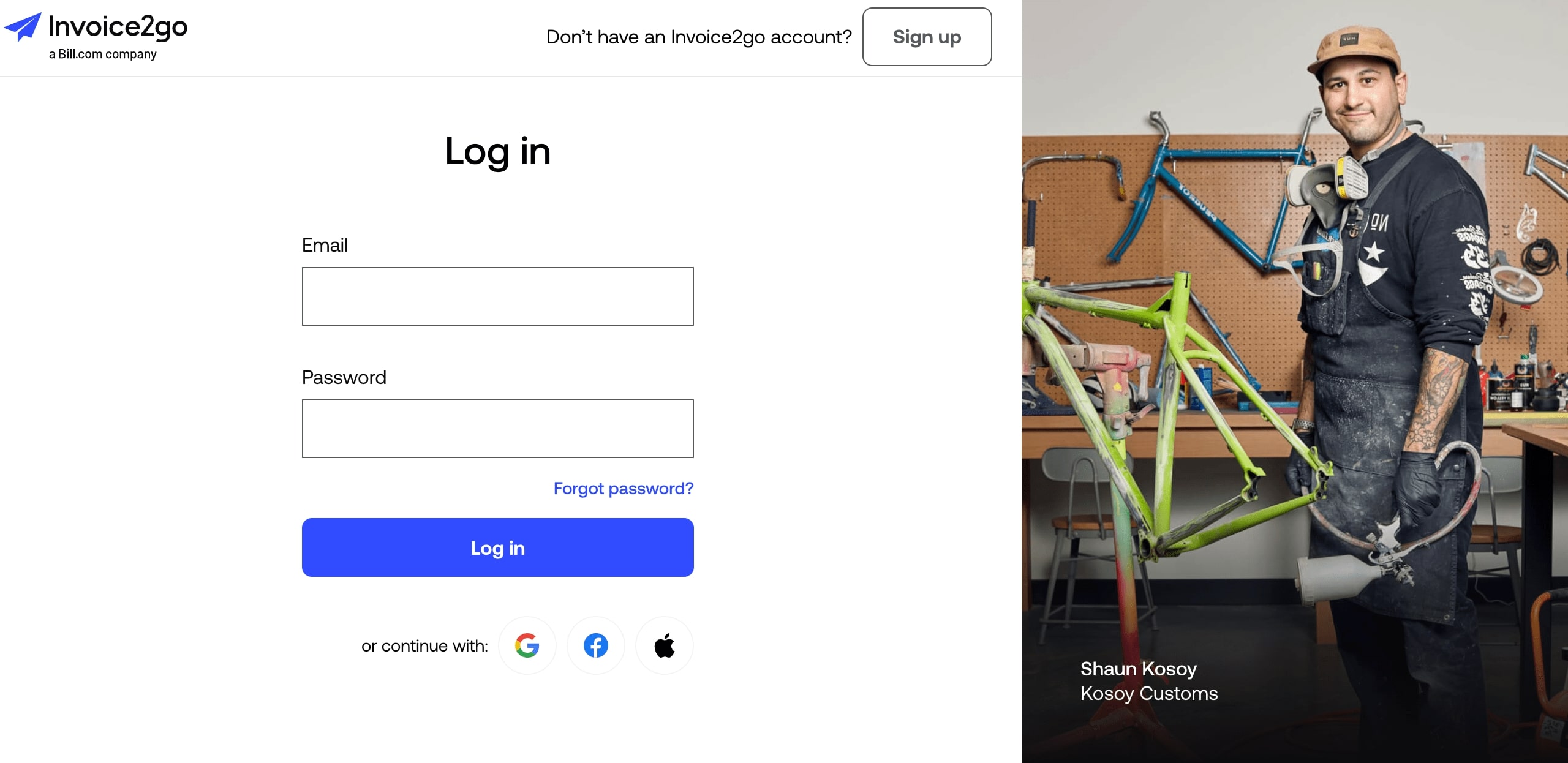 Invoice2go login page