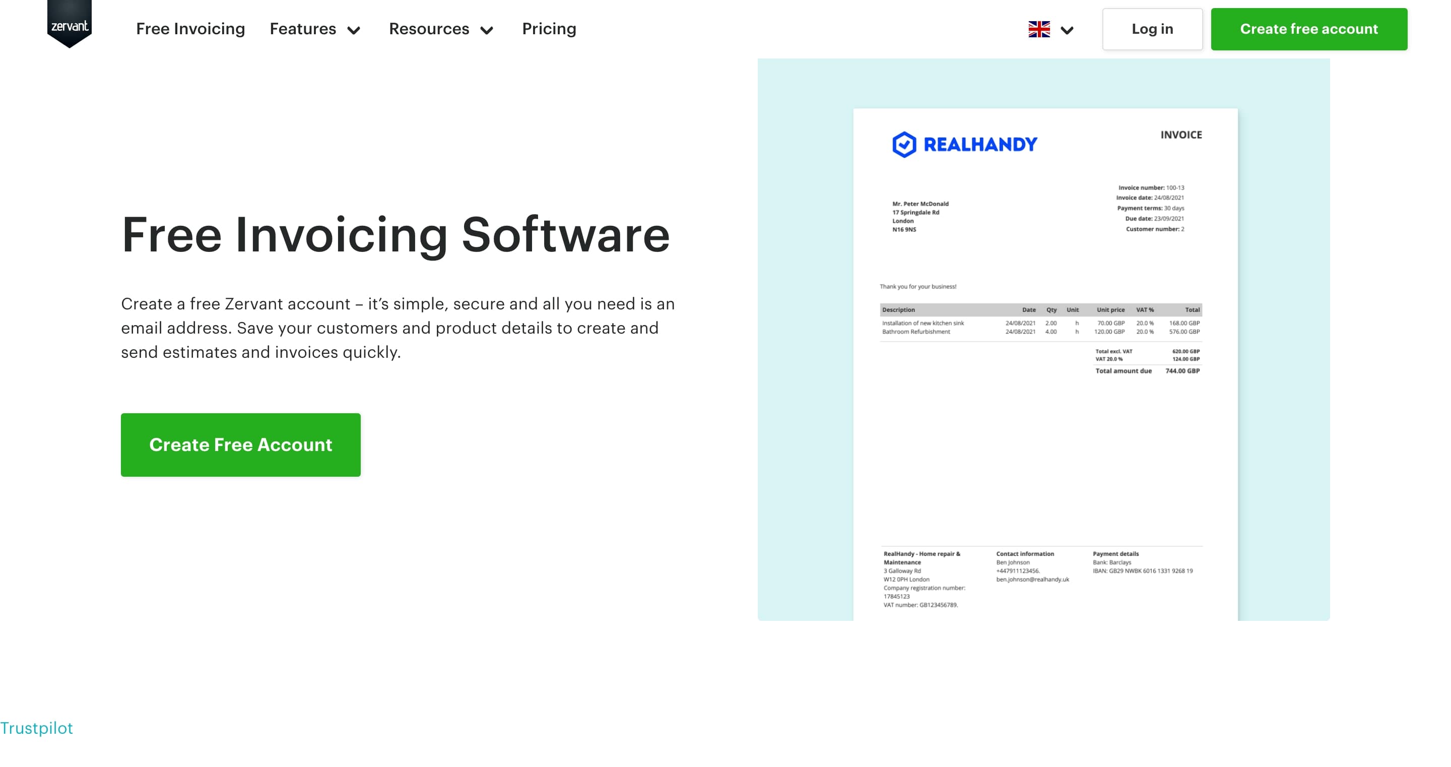 Zervant free invoicing page
